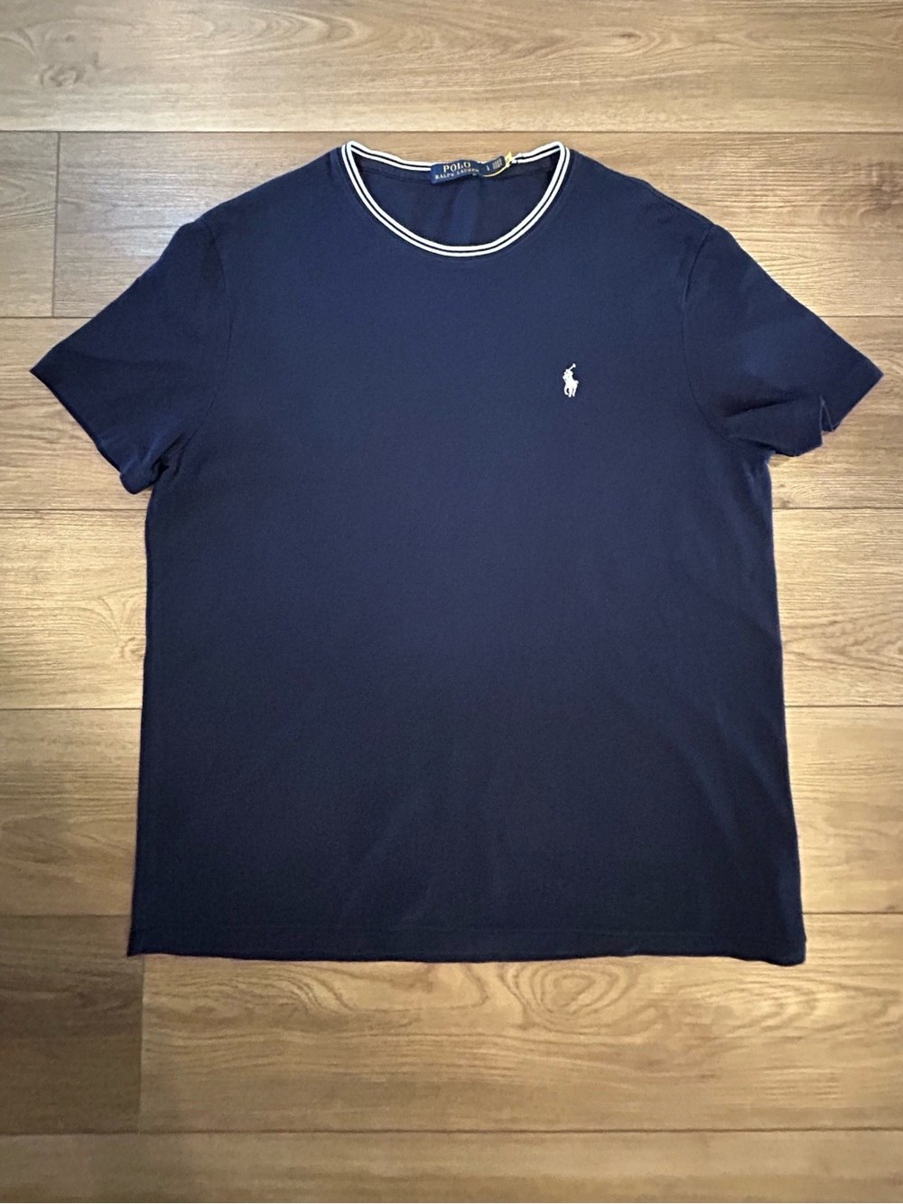Authenticated Polo Ralph Lauren Navy Crew Neck T Shirt White Pony Striped Collar